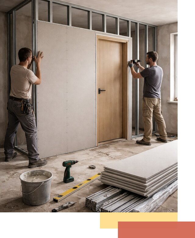 Перегородка из гипсокартона с дверью под ключ в Выборге