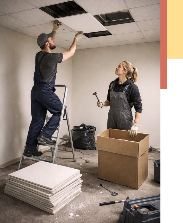 Демонтаж потолочной плитки в Выборге от 4599 руб. быстро и недорого | ОТДЕЛОЧНИК-Вбр