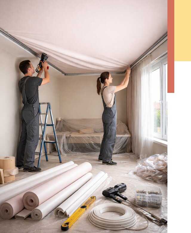 Монтаж цветного натяжного потолка в Выборге от 4293 руб/м² — быстро и недорого | ОТДЕЛОЧНИК-Вбр