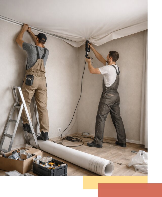 Монтаж цветного натяжного потолка в Выборге за один день