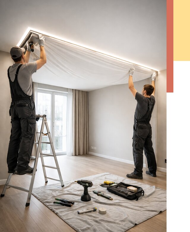 Монтаж парящего натяжного потолка в Выборге от 4599 руб. быстро и недорого | ОТДЕЛОЧНИК-Вбр