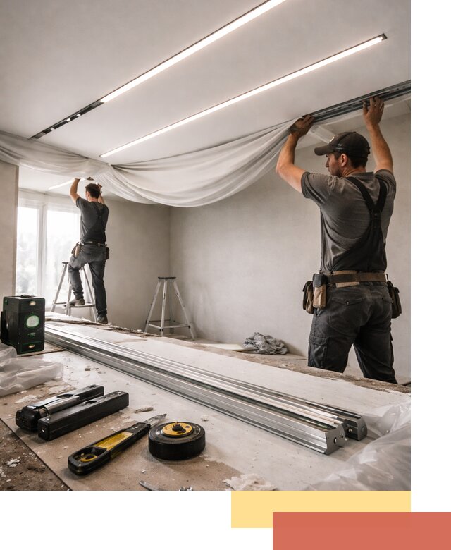 Монтаж натяжных потолков со световыми линиями в Выборге