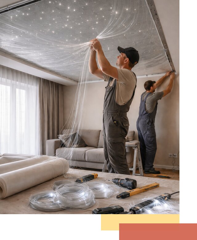 Монтаж натяжного потолка «Звездное небо» в Выборге