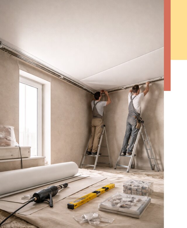 Монтаж натяжного потолка в спальне в Выборге от 3884 руб. под ключ | ОТДЕЛОЧНИК-Вбр