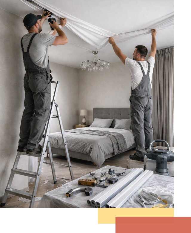 Монтаж натяжного потолка в спальне в Выборге