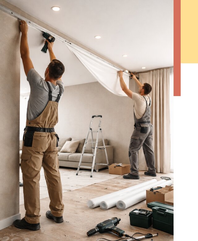 Монтаж натяжного потолка в гостиной в Выборге от 562 руб. | ОТДЕЛОЧНИК-Вбр