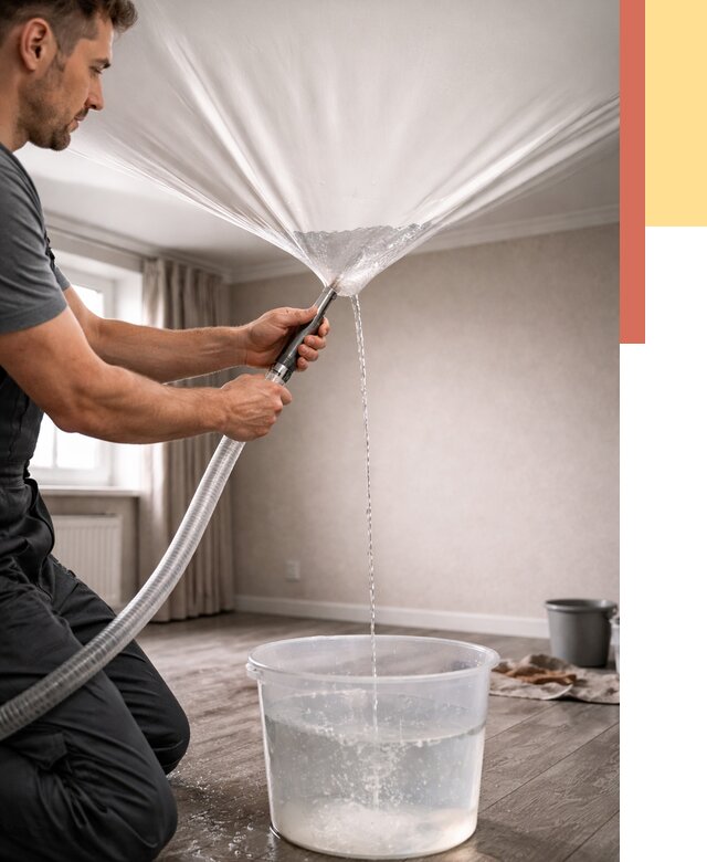 Слив воды с натяжного потолка в Выборге от 2555 руб. быстро и недорого | ОТДЕЛОЧНИК-Вбр