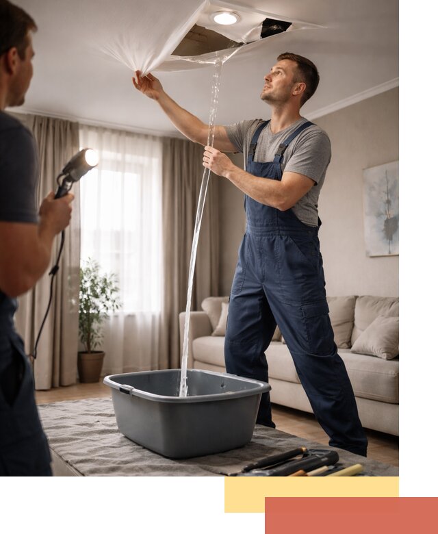 Слив воды с натяжного потолка в Выборге быстро и аккуратно